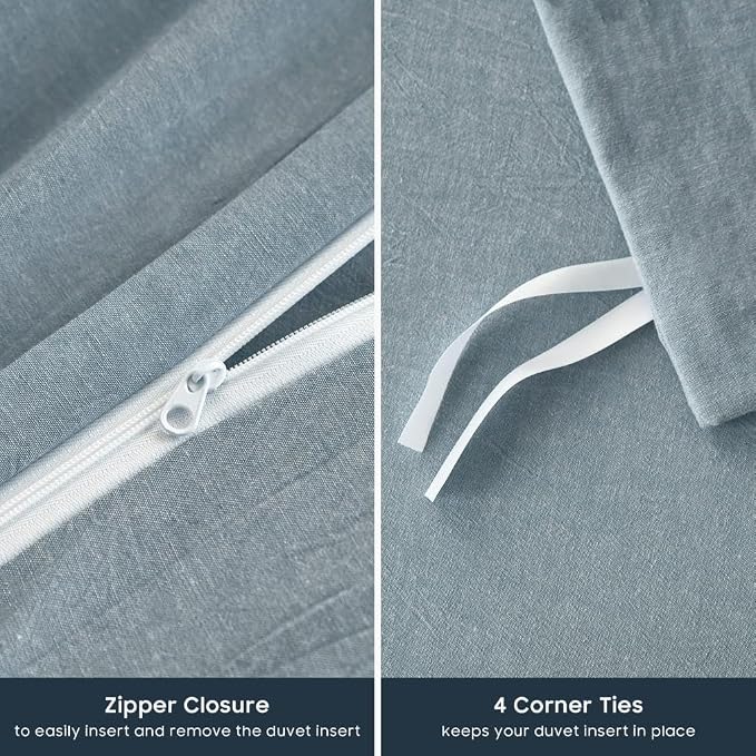 Wake In Cloud - Cotton Duvet Cover Set, 100% Washed Cotton, Linen Like Textured, Breathable Durable Comfy Farmhouse Neutral Bedding Set, 3 Pieces, Light Denim Blue, Full Size