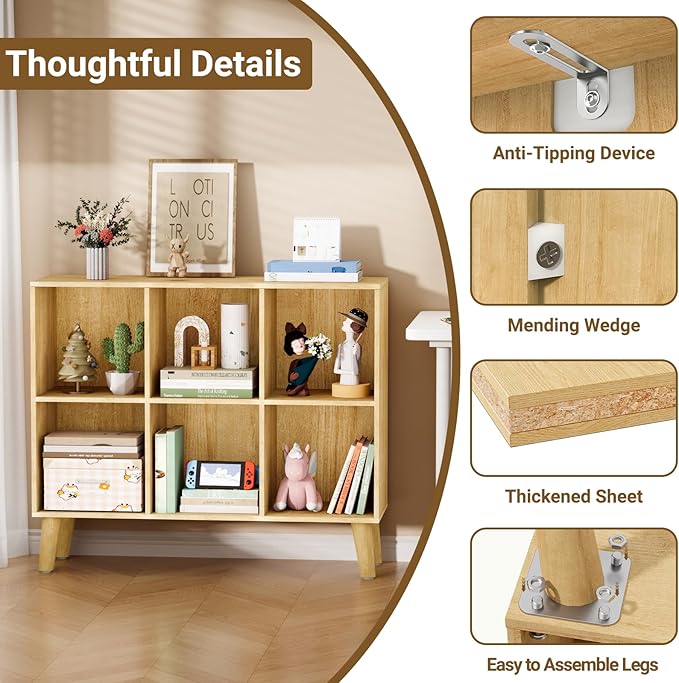 6 Cube Storage Organizer with Legs, 2 Tier Cube Low Horizontal Bookcase Freestanding Storage Display Organizer for Home Office, Six-Cubes Unit Open Shelf Bookshelf (Natural Oak,6 Cube)