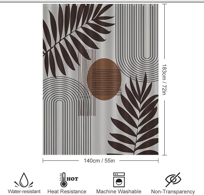 Mid Century Abstract Boho Shower Curtain Geometric Neutral Beige Modern Leaf Plant Semicircle Art Waterproof Shower Curtains for Bathroom Decor 12 Pack Hooks 55x72in（140x183cm）