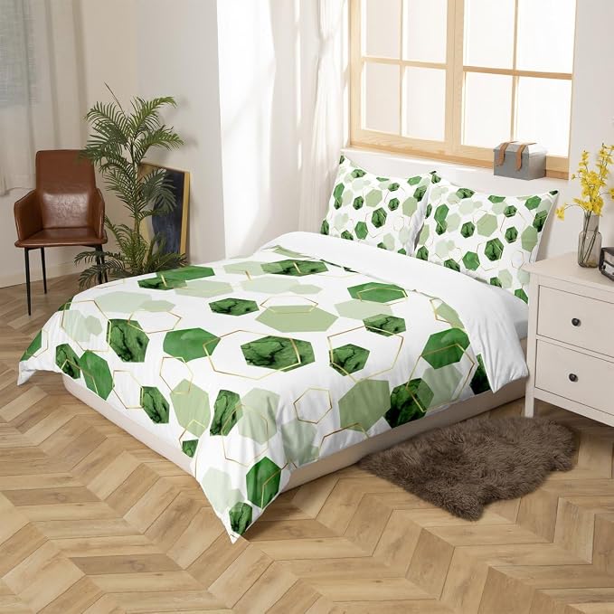 Erosebridal Sage Green Modern Duvet Cover Twin - Marble Grain Geometric Bedding Sets, Fresh Abstract Geometric Art Decor Bed Set for Boys Girls Watercolor Hexagon Bed Cover with 1 Pillowcase