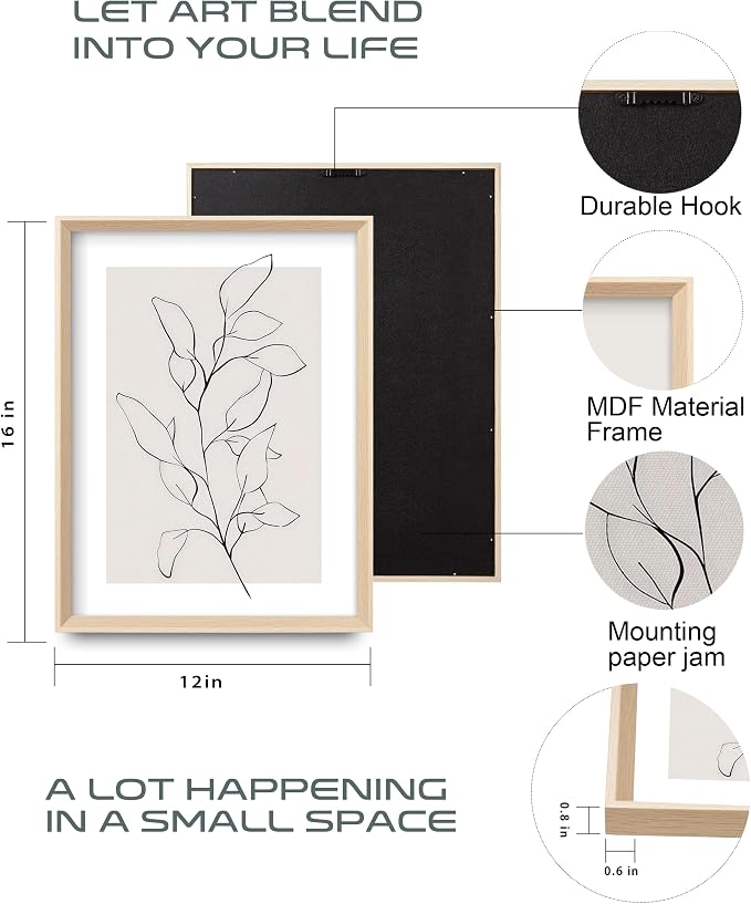 HesenDot 12x16in Botanical High Framed Wall Art Set of 3, Minimalist Line Drawing Plant Canvas Prints, Neutral Modern Nature Wall Decor for Living Room Bedroom Bathroom Office