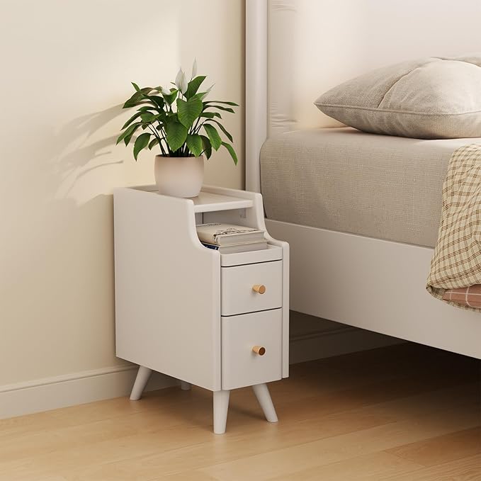 AQIMUELE Small Nightstand with Drawers, Solid Wood Narrow Bedside Table, Narrow Nightstand for Bedroom | with Drawers, Bedside Table, for Bedroom