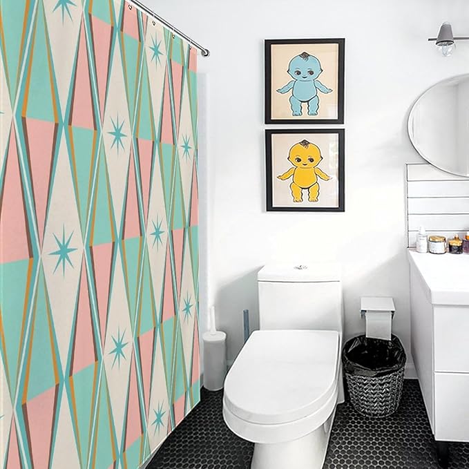 Mid Century Shower Curtain,Modern Abstract Atomic Retro 60s Geometric Fabric Bathroom Decor Curtains with Hooks 66x72in（168x183cm）