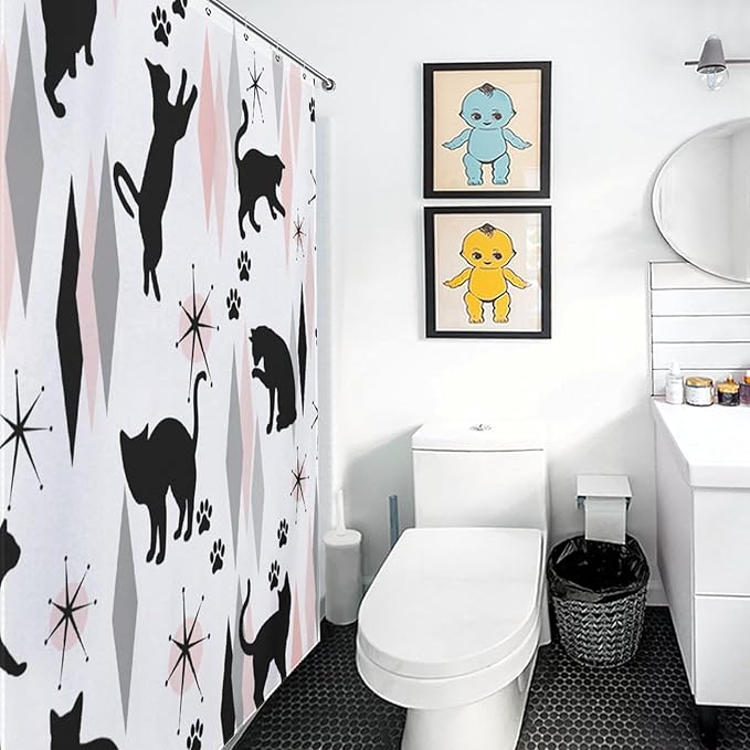 Mid Century Modern Shower Curtain for Bathroom, Retro Abstract Geometric Black Cat Atomic Pink Kittey Retro 1950s 1960s Waterproof Fabric Shower Curtain Set with Hooks, 72"x84"