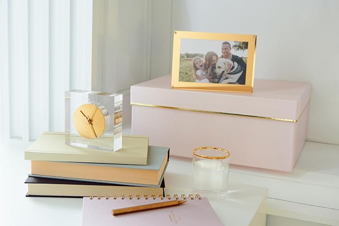 RUSSELL+HAZEL Acrylic and Gold Desk Clock, 4" W x 4" L x 1.25" D, Elegant Home Decor and Office Decor, Etched Face with Gold Toned Brass, Compact Shelf Decor for Upscale Spaces, 1-Count (105521)