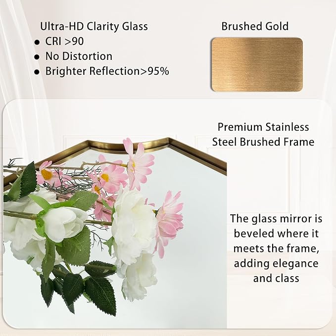 POZINO Beveled Vanity Mirror, 24"x36" Modern Bathroom Mirrors Over Sink, Rounded Rectangle Mirrors with Stainless Steel Frame, Brushed Brass Wall Mirrors for Bedroom Living Room Fireplace Entryway