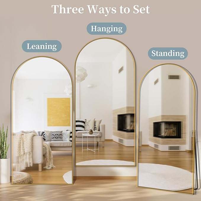 Full Length Mirror with Stand, 76"x34" Arched Full Body Mirror, Large Stand Up Mirrors, Aluminum Frame Floor Standing Mirrors, Freestanding Hanging Leaning Mounted for Bedroom Living Room, Gold