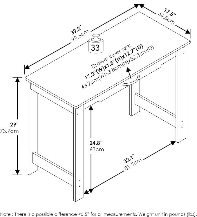 Furinno Jaya Desk, 39.2" Wide Computer Desk with H-Legs, Office Desk with Drawer, Writing Desk, with Drawer, for Home Office, Study Room, Dorm, Darkwood