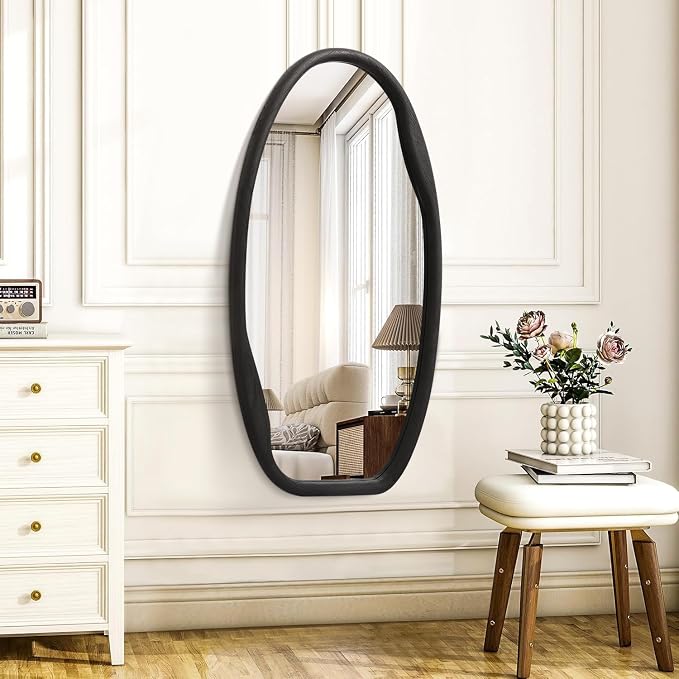 JJUUYOU Irregular Wall Mirror Black Wood Frame Mirrors for Wall 40"X20" Large Asymmetrical Hanging Mirror Modern Horizontal or Vertical Mirrors for Living Room Bathroom Entryway Bedroom Farmhouse