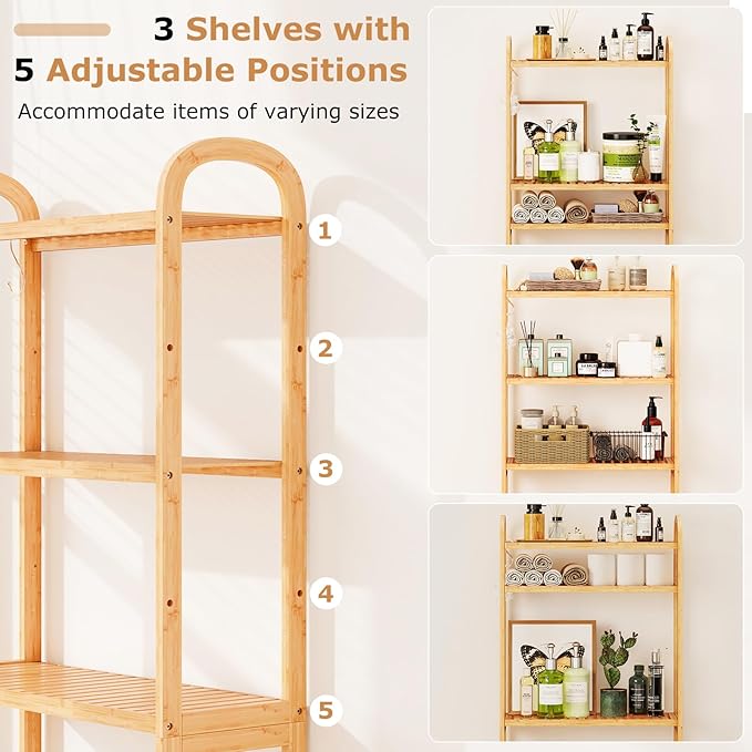 Giantex Bamboo Over The Toilet Storage, 3-Tier Over Toilet Bathroom Organizer with 3 Hooks & Adjustable Shelves, Freestanding Space Saver Above Toilet Shelf Rack for Laundry, Balcony, Restroom