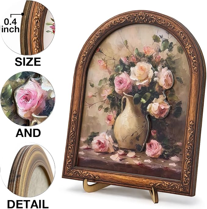 3D Vintage Rose Flower Desk Decor Sign, Country Floral in Vase Framed Wall Art Sign for Home Bedroom Living Room Desk Wall Shelf Farmhouse Aesthetic Decor 8x10 Inch
