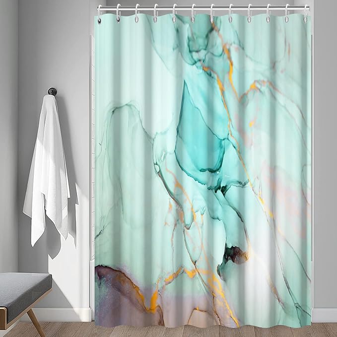 Turquoise Shower Curtain, Modern Teal Marble Shower Curtain for Bathroom Aesthetic Ink Texture Waterproof Shower Curtain Set with Hooks, 72x84 Inch