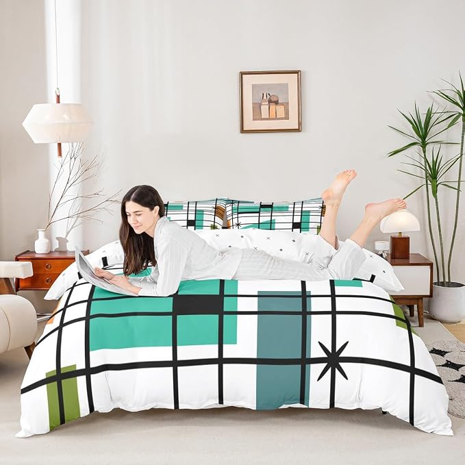 Erosebridal Retro Atomic Duvet Cover Full White Turqoise Black Bedding Set, Geometric Lines Stripes Comforter Cover Mid Century Minimalist Bed Set, Fifties Old Fashion Bedding Microfiber 3pcs