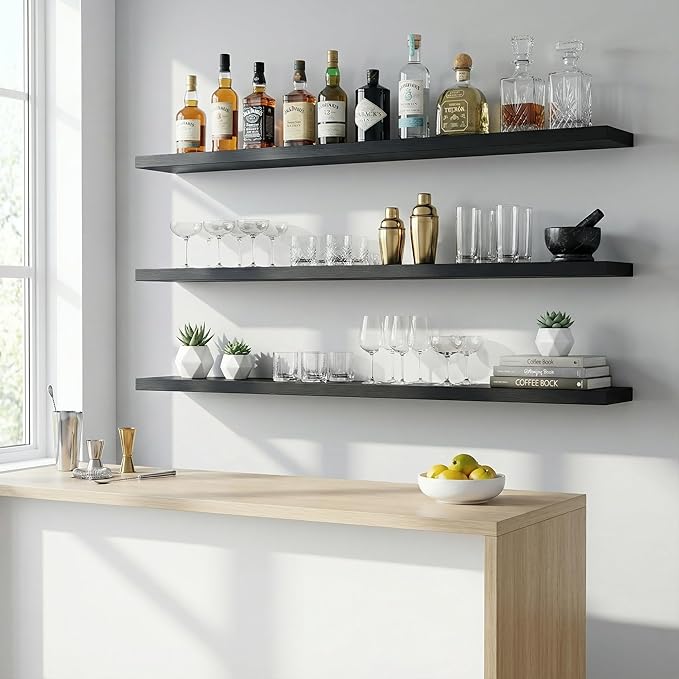 IEO Long Wooden Floating Shelves for Room Wall, Natural Wood Floating Shelves Wall Mounted Kitchen Shelf for Living Room, Bedroom, Kitchen,Bathroom, Storage (Black, 60in 4tier)