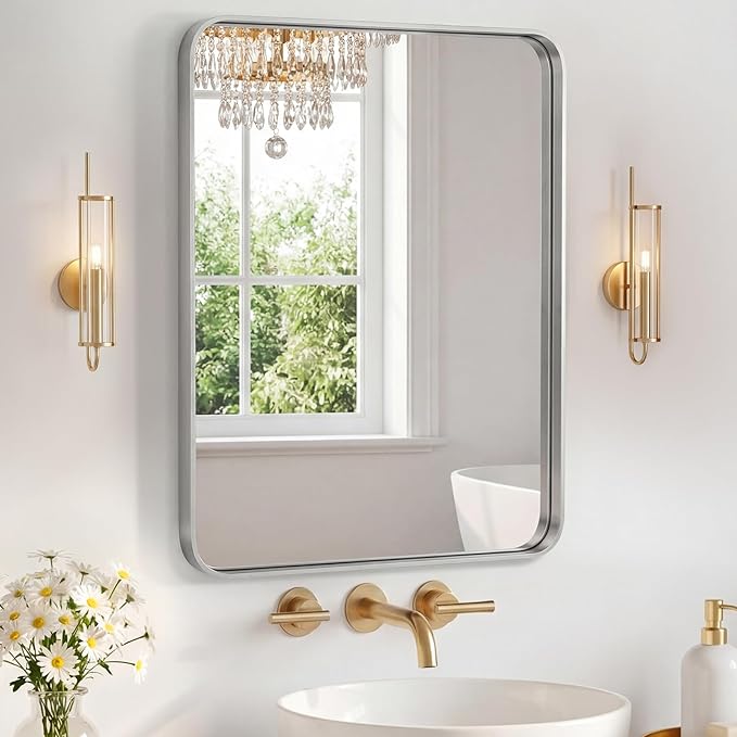 NEWBULIG 16X20 Inch Bathroom Mirror for Over Sink, Wall Vanity Mirrors Tempered Glass, Anti-Rust Metal Framed Rounded Rectangle, Hangs Horizontally or Vertically, Farmhouse Home Decor, Silvery