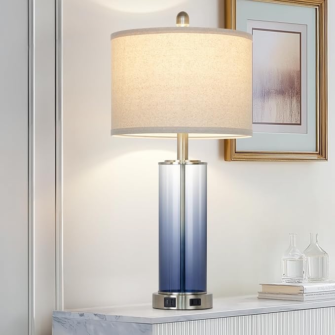 Ruzectt 26" Glass Table Lamp Single, 3-Way Dimmable Touch Control Living Room Lamp with USB C+A Ports & AC Outlet, Coastal Bedside Lamps, Bedroom Lamps for Nightstand Side End Table Desk, Blue-1PK