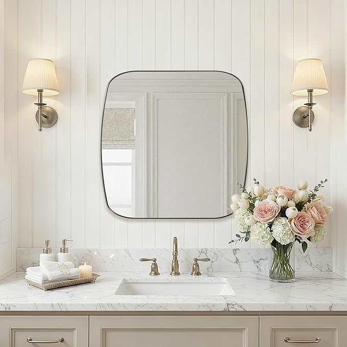 ANDY STAR Brushed Nickel Bathroom Mirror, 24x24 Oblong Mirror with Stainless Steel Metal Frame, Silver Vanity Mirror for Over Sink, Modern Anti Rust Wall Mounted