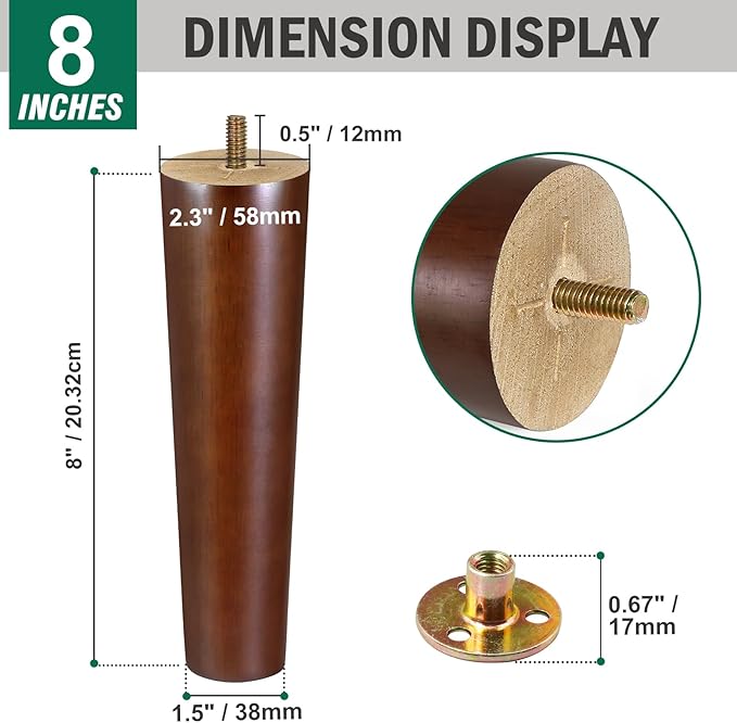 FoDau770 Brown Rubber Wood Furniture Legs 8 Inches, Straight Tapered Wood Feet Mid Century Sofa Legs Set of 8, 5/16" UNC Furniture Feet for Cabinet Couch Dresser Chair Ottoman Table