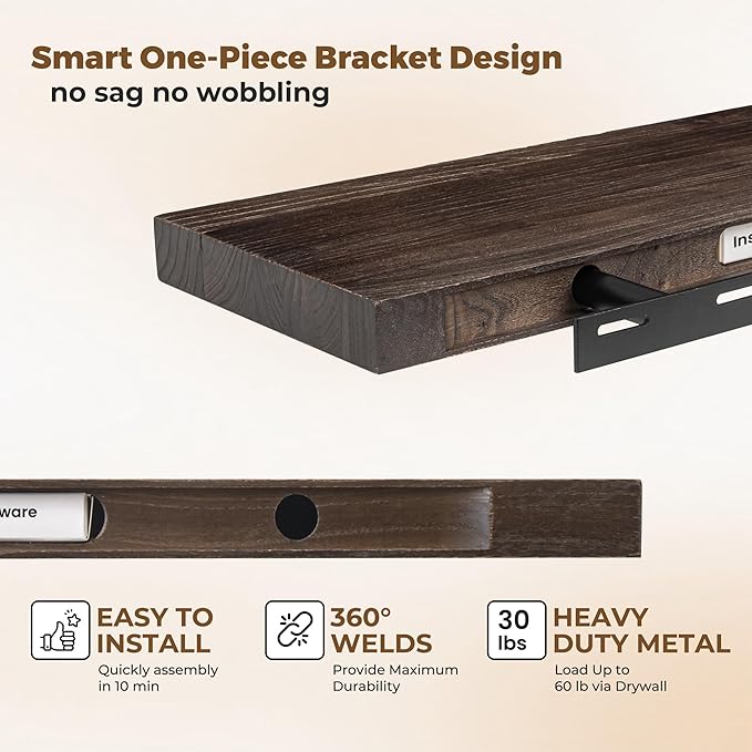 Axeman Floating Shelves for Wall, Rustic Elm Wood 72'' W x 8" D Wall Mantel Shelf with Invisible Bracket, Large Long Wall Mounted Storage Shelves for Living Room, Bedroom, Kitchen, Bathroom, Walnut