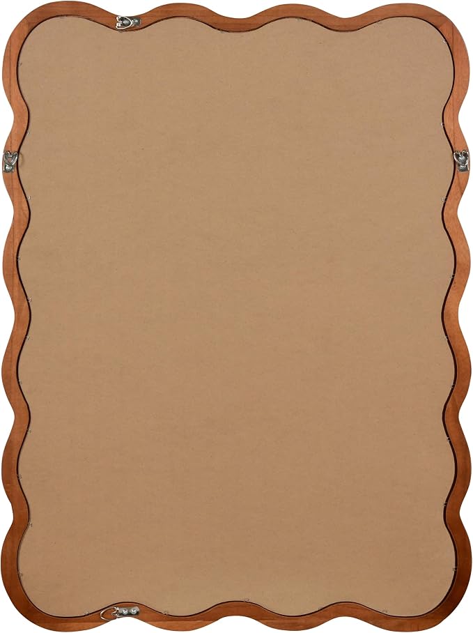 40x30 Inch Wooden Wavy Rectangle Wall Mirror, Modern Solid Wood Frame Decorative Accent Mirror for Bedroom, Bathroom, Living Room, Entryway, Yellowish Brown