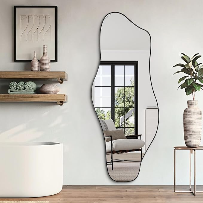 Large Irregular Mirror, 60"x24" Asymmetrical Tempered Glass Mirror, Modern Abstract Frameless Mirrors for Living Room Bathroom Bedroom Hallway Entryway Dressing, Horizontal Or Vertical