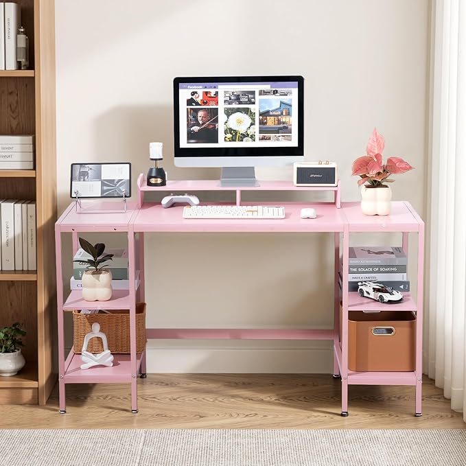 Computer Desk 55-inch with Storage Shelf - Pink Ideal Gaming Desk for Bedrooms, Small Spaces, and Home Offices Modern Writing Desk for PCs.