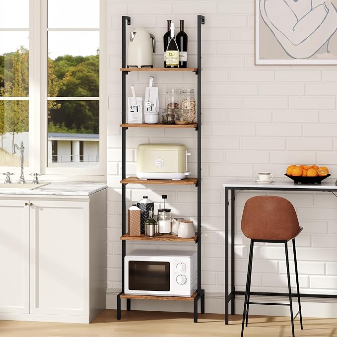 MAHANCRIS Ladder Shelf, 5-Tier Bookshelf, Ladder Bookcase with Wall Mount, Heavy Duty Industrial Style Storage Rack for Living Room, Office, Kitchen, Bedroom, Rustic Brown and Black LSHR5501