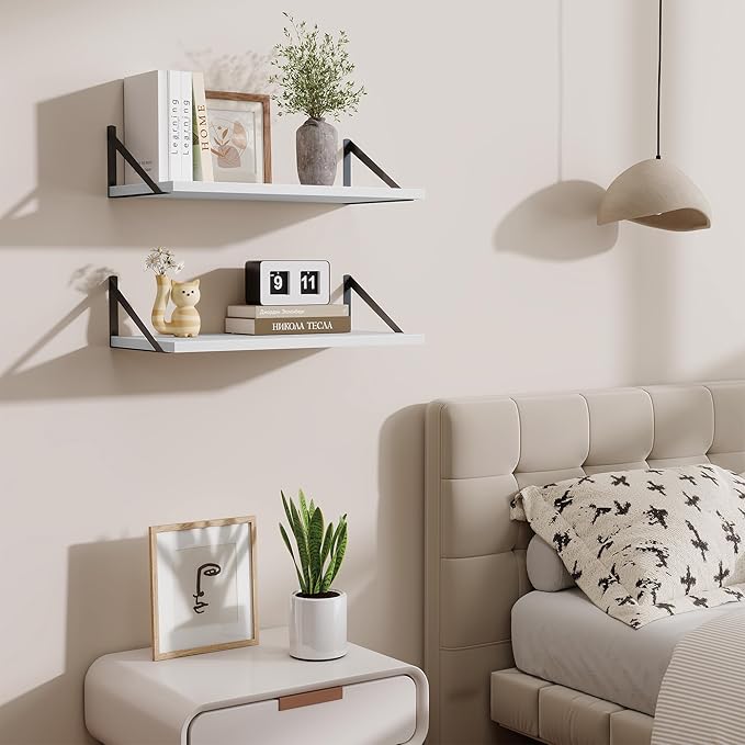 Deep Floating Shelves,24" Wx10 D Floating Shelf for Wall Set of 2,Hanging Storage Shelf with Metal Brackets,Wide Display Wall Shelves for Living Room,Bedroom,Bathroom,Kitchen,White
