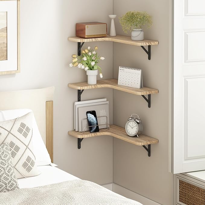 YGEOMER Corner Floating Shelves, Wall Mounted Corner Shelf for Bathroom, Kitchen, Bedroom, Home Decor, Laundry Room, Living Room(Set of 4 Rustic Brown)