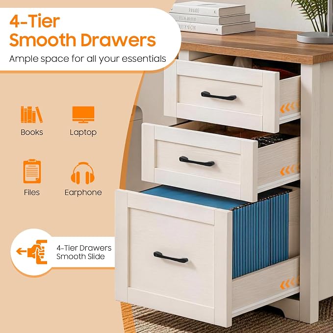 Vabches 61”Farmhouse L Shaped Executive Desk with File Drawers, Corner Computer Desk with Mobile CPU Stand, Wood Writing Computer Desk for Work, Study.Unique White