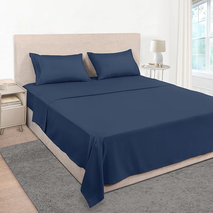 Mejoroom King Size Bed Sheet Set - Hotel Luxury 1800 Bedding Sheets & Pillowcases - 16" Deep Pocket Fitted Sheet, Soft, Breathable, Wrinkle & Fade Resistant - 4 Piece(King,Navy)