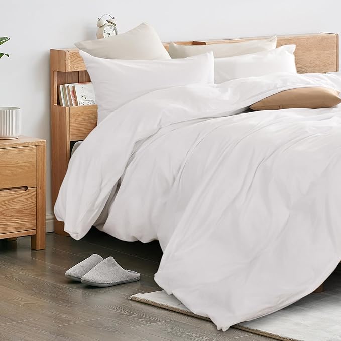 NEXHOME PRO Cotton Duvet Cover Set King Size Linen Feel White Organic Natural 100% Washed Cotton Duvet Cover Set 3 Pieces Bedding Set with Zipper Closure, Lightweight and Breathable (No Comforter)