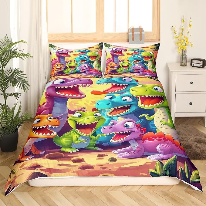 Manfei Watercolor Dinosaur Duvet Cover Set Twin Size,Cute Dino Botanical Plants Bedding Set for Boys Girls,Cartoon Animal Wildlife Comforter Cover,Brown Colorful Quilt Cover,1 Pillowcase(No Filler)