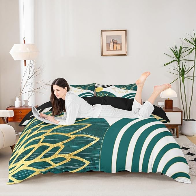 Erosebridal Boho Mid Century Duvet Cover Toddler Size for Women Men Adults | Minimalist Modern Comforter Cover Teal Green Geometric Bedding Set Aesthetic Modern Abstract Bed Set