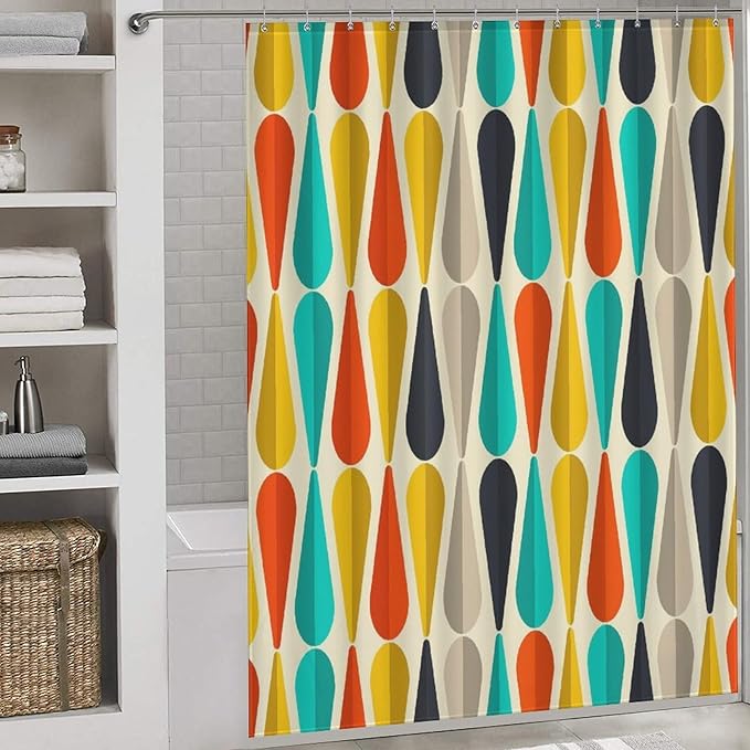 Mid Century Modern Shower Curtain,Colorful Abstract Geometric Drop Shapes Art Style Shower Curtains Set for Bathroom Fabric Decorative Bath Curtain Washable Curtain Hooks, 72x72 inch