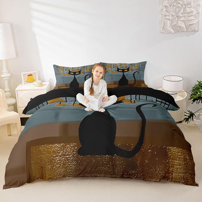 Erosebridal Black Cat Toddler Duvet Cover Abstract Minimalist Geometric Bedding Set Modern Aesthetic Comforter Cover for Kids Girls Boys Adults Cartoon Animals Bed Set