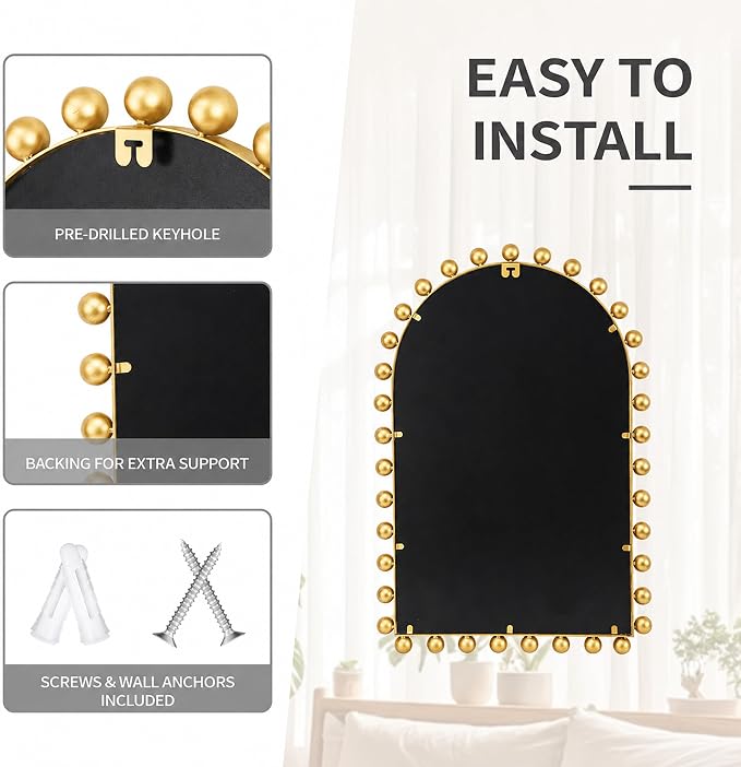 24x36 Inch Arched Wall Mirror with Antique Gold Ball Frame, Beveled Arched Decorative Wall Mirror, Vintage Gold Accent Mirror for Living Room, Entryway, Bedroom, Hallway & Over Console Decor