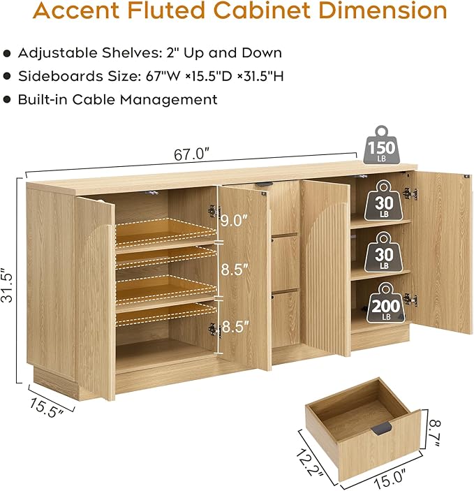Yechen 67" Fluted Sideboard Buffet Cabinet with 4 Arched Reeded Design Doors &3 Drawers, Mid Century Modern Credenza Storage Cabinet with Adjustable Shelves, for Living Room Dinning Hallway