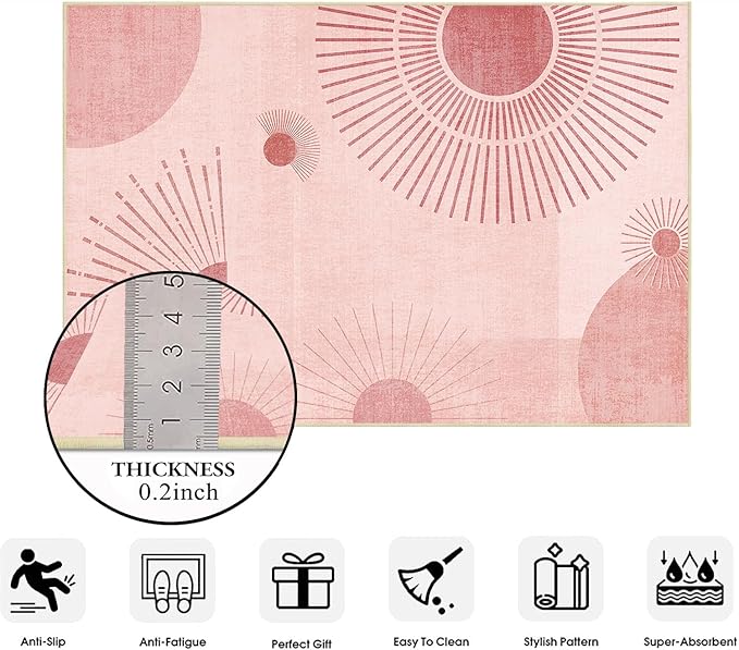 Sun Rug 3x5 for Living Room Mid Century Modern Area Rugs Machine Washable Boho Geometric Rug Non Slip Printed Low Pile Indoor Floor Carpet for Kitchen Bathroom Bedroom,Pink