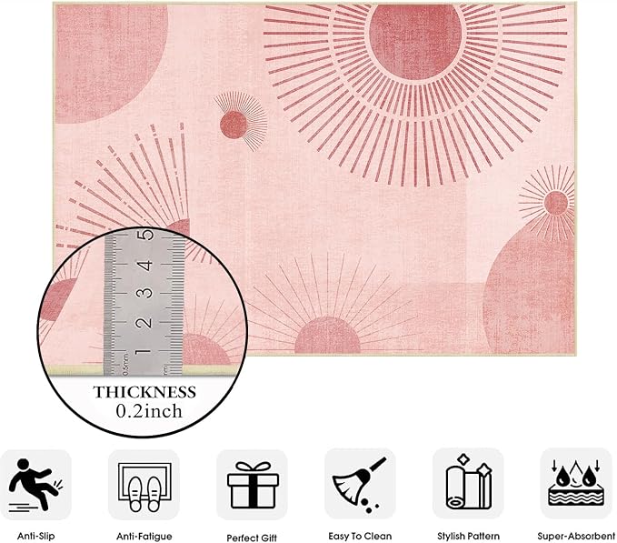 Sun Rug 2x3 for Entryway Mid Century Modern Rugs Machine Washable Boho Geometric Rug Non Slip Printed Low Pile Indoor Door Mat Floor Carpet for Bedroom Bathroom Kitchen Laundry,Pink