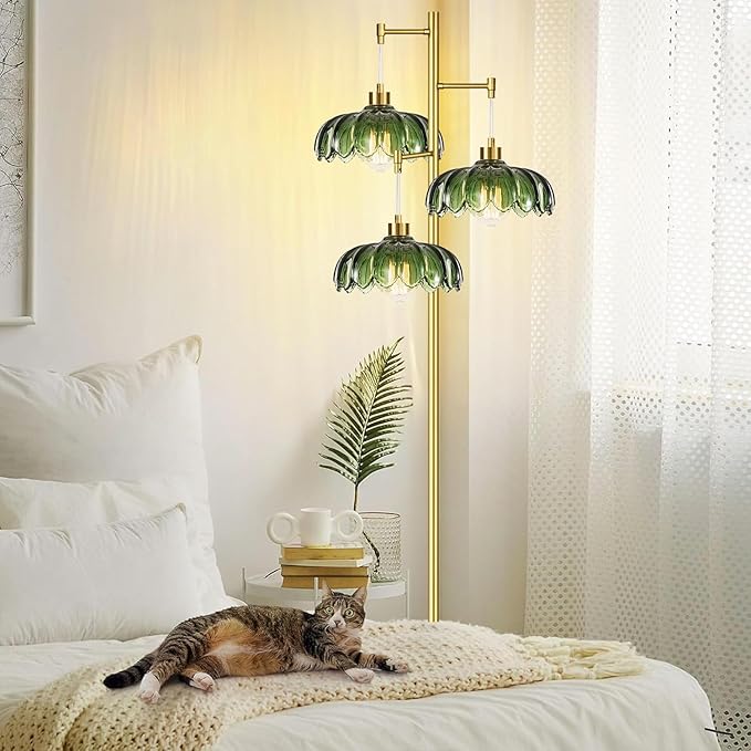 Glass Floor Lamp for Living Room,Bedroom,Gold Mid Century Modern Standing Lamp Brass Tree 3 Light Tall Floor Lamps Vintage Retro Floor Lights Green Flower Lamp Shade Farmhouse Boho Bohemian