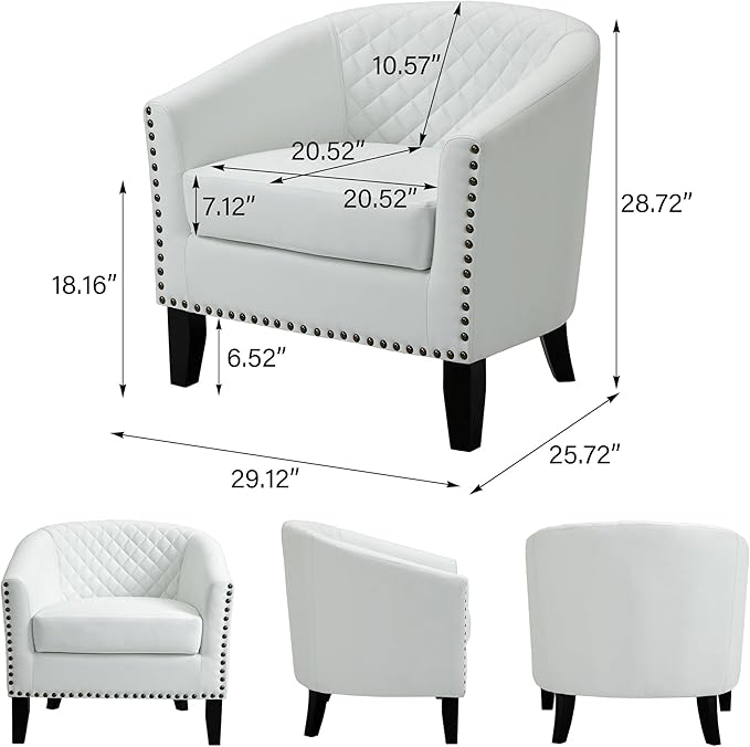 Accent Barrel Chair, Upholstered Faux Leather Club Chair with Nailed Trim, Comfy Reading Armchair for Living Room Bedroom Reception Room Office (White, Set of 2)