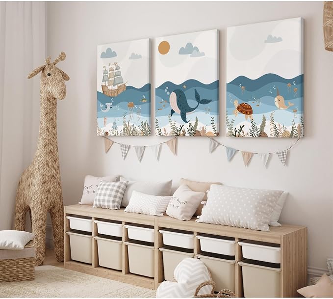 Ocean Nursery Wall Art Pictures Blue Nautical Canvas Art Beach Animal Wall Decor Baby Boys Room Wall Art Sea Whale Prints Ocean Nautical Poster for Nursery Baby Room 12x16 Inch Set of 3 Framed