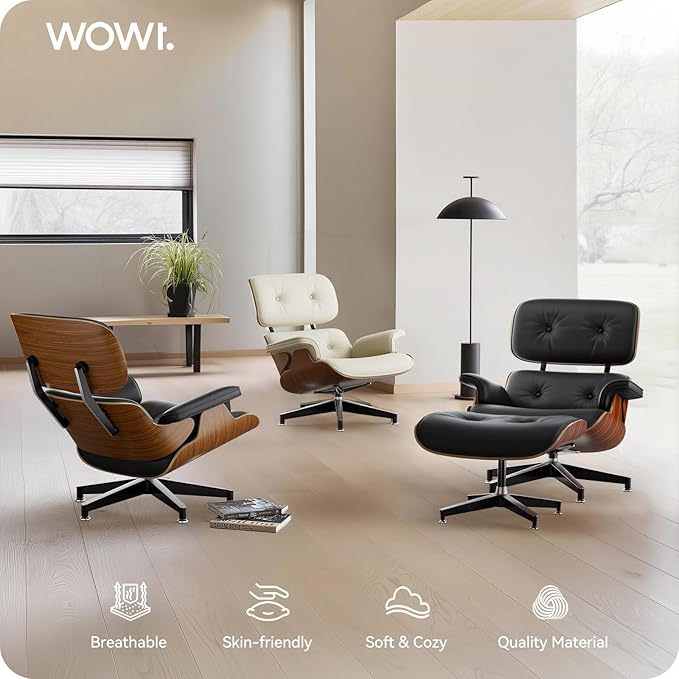 Top Black Grain Leather, Mid Century Chaise Lounge Chair and Ottoman, Modern Chair Classic Design, Palisander Wood, Heavy Duty Base Support for Living Room Office
