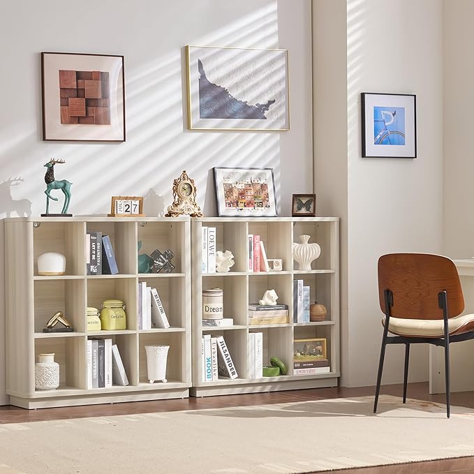 9 Cube Storage Book Shelf, 41" Tall Organizer Bookcase with Curved Edge, Wood Floor Standing 3-Tier Cubby Bookshelf with Base, Vintage Display Book Case for Bedroom,Office,Grey-White Cream Oak