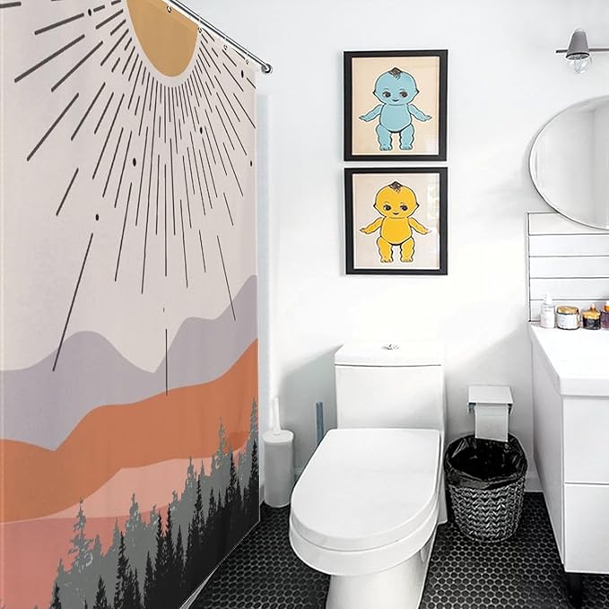 Mid Century Boho Shower Curtain,Abstract Sunset Geometric Mountain Forest Aesthetic Bathroom Curtain Polyester Waterproof Fabric Decor 72x72in（183x183cm）