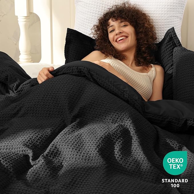 PHF Waffle Weave Duvet Cover Set Queen Size, No Snagging Ultra Soft Luxury Textured Breathable Comforter Cover for All Season 3pcs, Durable Bedding Duvet Set with 2 Pillow Shams, 90"x90", Black
