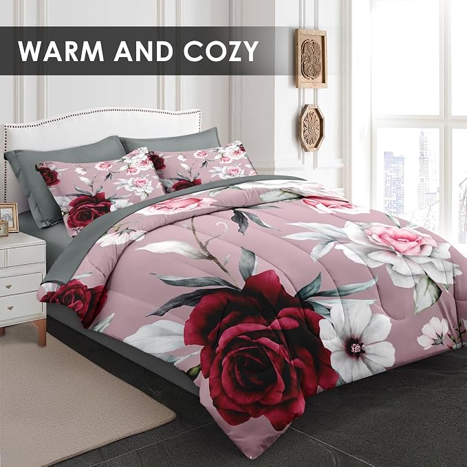 Pamnest Comforter Set King Size, Rose Flower Leaves 7 Pcs Bedding for Kids and Adults, Painting Vintage Bed Sheet Sets with Fitted Sheet 2 Pillowcases & 2 Shams for Bedroom Bed Decor