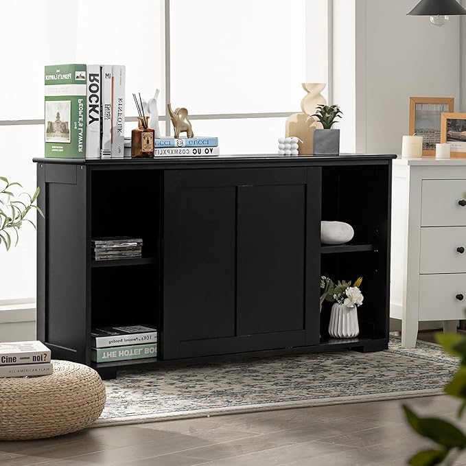 Sideboards Buffet Cabinet with Storage, Sliding Door Coffee Bar, Console Table with Adjustable Shelf, Credenzas for Living Room, Stackable Kitchen Cupboard for Dining Room (Black)
