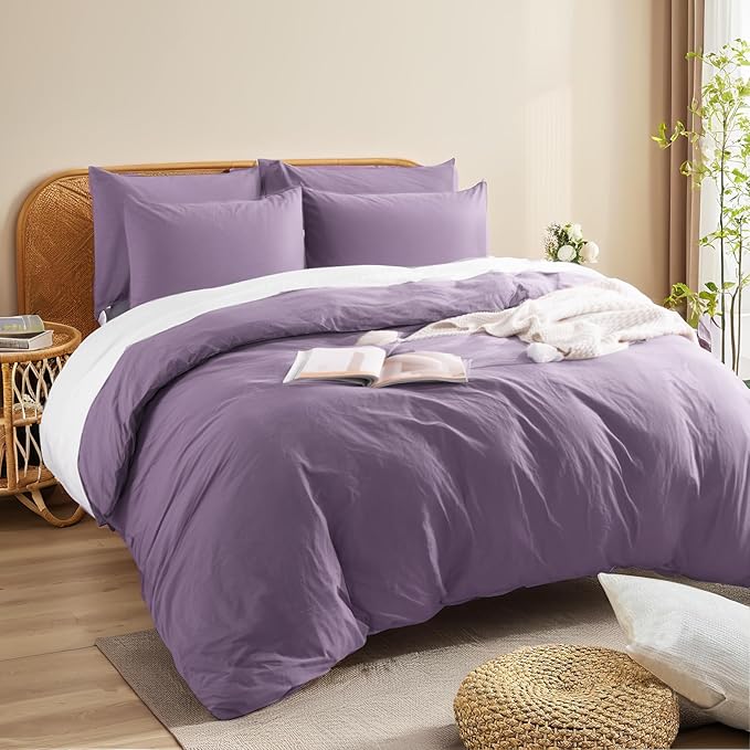NEXHOME PRO Queen Duvet Cover Set, 100% Washed Cotton with Linen-Like Texture, Natural Organic, Breathable & Comfortable, Includes Home Bedding Set Dusty Purple (No Comforter) 9090